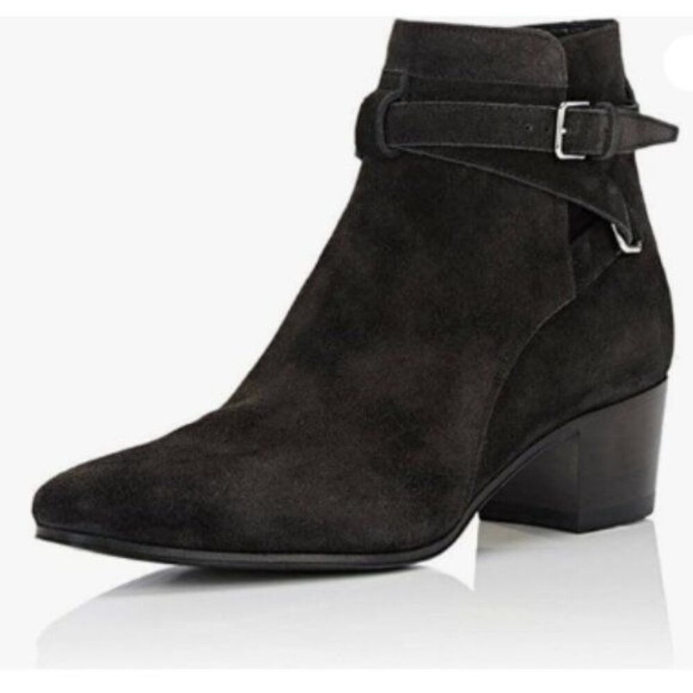 YDN Black Block Low Heel Suede Cowgirl Boots Pull on Ankle Bootie Buckle Shoes